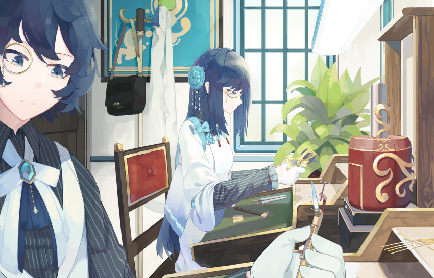 1boy 1girl bangs black_shirt blue_bow blue_eyes blue_hair bow brooch brother_and_sister closed_mouth clothes_hanger eyebrows_visible_through_hair gloves hair_between_eyes highres holding indoors jacket jewelry long_hair long_sleeves monocle natori_youkai on_chair original plant profile shirt siblings sitting sleeves_past_wrists striped striped_shirt vertical-striped_shirt vertical_stripes white_bow white_gloves white_jacket window
