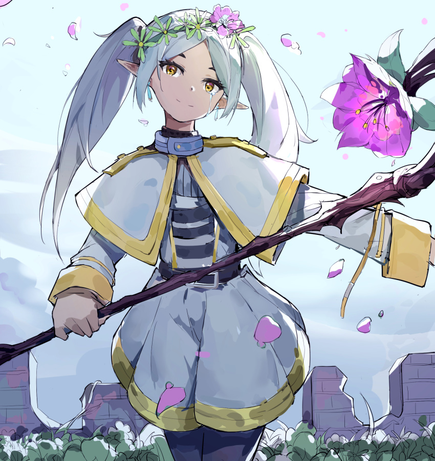 1girl capelet clouds contrapposto cowboy_shot crying earrings elf flower frieren grey_hair highres jewelry looking_at_viewer outstretched_arm petals plant pointy_ears ruins sketch smile solo sousou_no_frieren staff twintails white_background wreath yuxia_(please6)