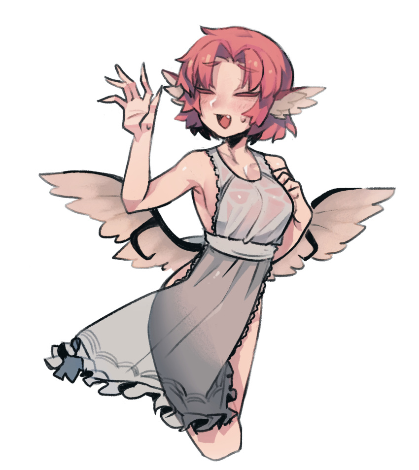 1girl :d apron bird_wings breasts eyebrows_visible_through_hair fang furrowed_eyebrows grey_apron hair_intakes head_wings highres low_wings medium_breasts mystia_lorelei naked_apron open_mouth pigeoncrow pink_hair short_hair simple_background smile solo touhou white_background wings