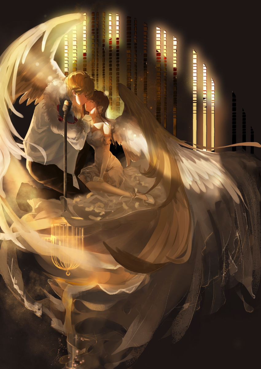 1boy 1girl absurdres birdcage black_pants blonde_hair brown_hair cage closed_eyes elbow_gloves feather_boa gloves hand_on_another's_cheek hand_on_another's_face hetero highres kneeling long_hair love_and_producer pa_x3 pants protagonist_(love_and_producer) sitting tears white_footwear white_wings wings zhou_quiluo