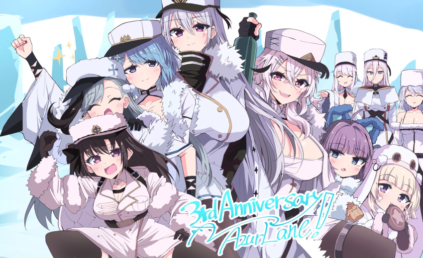 6+girls aqua_hair avrora_(azur_lane) azur_lane barrette belt black_gloves black_legwear blonde_hair blue_eyes blue_hair blush bottle breasts brown_hair chapayev_(azur_lane) closed_eyes closed_mouth coat eyebrows_visible_through_hair fur fur-trimmed_jacket fur_collar fur_trim gangut_(azur_lane) gloves grey_hair grozny_(azur_lane) hand_up hat highres himiya_ramune holding holding_bottle jacket kirov_(azur_lane) large_breasts long_hair looking_at_viewer medium_breasts medium_hair minsk_(azur_lane) mole mole_under_eye multiple_girls open_mouth pamiat_merkuria_(azur_lane) papakha patch purple_hair silver_hair simple_background smile sovetskaya_rossiya_(azur_lane) sovetsky_soyuz_(azur_lane) tashkent_(azur_lane) thigh-highs violet_eyes white_coat white_headwear winter_clothes winter_coat