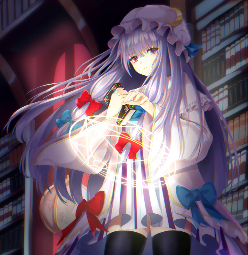 1girl absurdres black_legwear blue_bow blue_ribbon book bookshelf bow cowboy_shot crescent crescent_moon_pin dress_bow eyebrows_visible_through_hair hair_bow hat hat_ribbon highres holding holding_book kure:kuroha library long_hair looking_at_viewer magic_circle mob_cap patchouli_knowledge purple_hair red_bow ribbon serious solo striped_clothes thigh-highs touhou very_long_hair violet_eyes wide_sleeves window