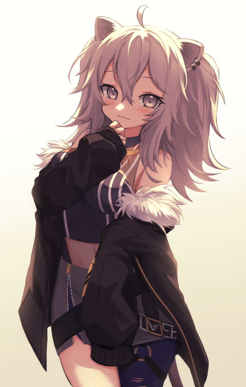 1girl :3 absurdres ahoge animal_ears bangs bare_shoulders black_jacket blue_legwear blush breasts closed_mouth covering covering_crotch cowboy_shot earrings fur-trimmed_jacket fur_trim gradient gradient_background grey_eyes grey_hair grey_skirt hair_between_eyes hand_up highres hololive jacket jewelry klaius lion_ears lion_girl long_hair long_sleeves looking_at_viewer medium_breasts midriff multiple_earrings necklace o-ring off_shoulder open_clothes open_jacket shishiro_botan single_earring single_leg_pantyhose skirt sleeveless sleeves_past_fingers sleeves_past_wrists smile solo thigh_strap unzipped virtual_youtuber white_background yellow_background zipper