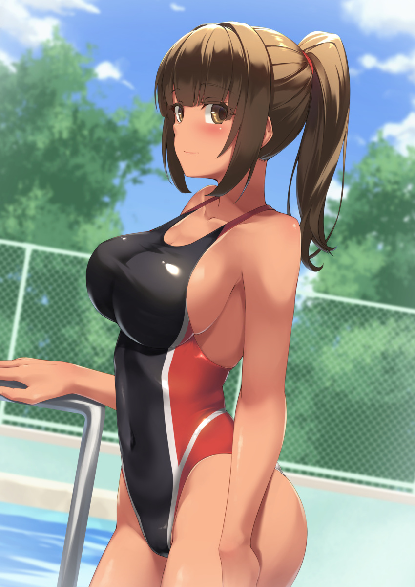 1girl absurdres bangs black_swimsuit blunt_bangs blurry blush breasts brown_eyes brown_hair chain-link_fence collarbone competition_swimsuit covered_navel cowboy_shot day depth_of_field dutch_angle eyebrows_visible_through_hair fence groin hair_intakes hand_up high_ponytail highleg highleg_swimsuit highres impossible_clothes impossible_swimsuit large_breasts light_smile looking_at_viewer multicolored multicolored_clothes multicolored_swimsuit one-piece_swimsuit one-piece_tan original outdoors pool pool_ladder poolside red_swimsuit ributsu shiny shiny_clothes shiny_skin sideboob sidelocks skindentation solo standing swimsuit tan tanline taut_clothes taut_swimsuit tree