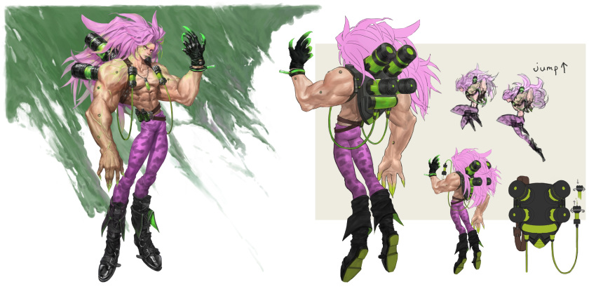 1boy abs absurdres black_footwear black_gloves boots character_sheet claw_(weapon) claw_pose closed_mouth cococo00 fingernails gloves green_eyes green_lips green_nails heterochromia highres liquid long_fingernails long_hair male_focus multiple_views muscle original pink_hair poison sharp_fingernails single_glove solo_focus veins violet_eyes weapon zipper zipper_pull_tab