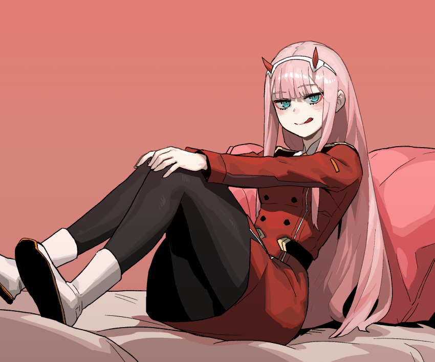 1girl :q bangs black_legwear blush boots closed_mouth collar collared_jacket commentary darling_in_the_franxx eyebrows_visible_through_hair gogalking green_eyes hair_between_eyes hair_ornament hairband highres horns jacket long_hair long_jacket long_sleeves looking_at_viewer military military_uniform oni_horns pantyhose pink_hair red_background red_horns red_jacket sidelocks simple_background sitting smile solo tongue tongue_out uniform white_footwear white_hairband zero_two_(darling_in_the_franxx)