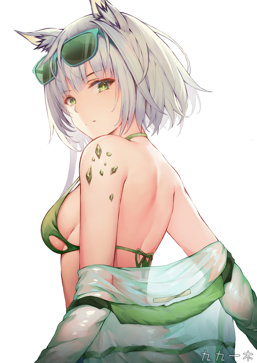 1girl absurdres animal_ear_fluff animal_ears aqua-framed_eyewear arknights bangs bare_shoulders bikini breasts closed_mouth eyebrows_visible_through_hair eyewear_on_head from_side green-tinted_eyewear green_bikini green_eyes highres jacket kal'tsit_(arknights) looking_at_viewer looking_to_the_side medium_breasts off_shoulder open_clothes open_jacket rafael-m see-through short_hair sideboob silver_hair simple_background solo strap_gap sunglasses swimsuit upper_body white_background white_jacket