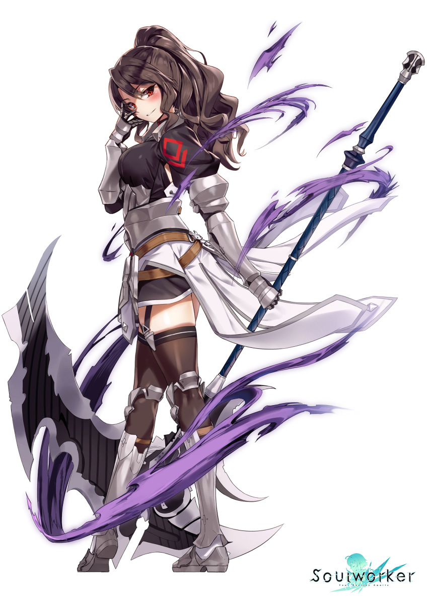 1girl absurdres armor armored_boots armpit_cutout black_shirt black_skirt boots breasts brown_hair brown_legwear faulds full_body garter_straps gauntlets hand_up highres holding holding_scythe knee_boots large_breasts lily_bloomerchen long_hair looking_at_viewer looking_to_the_side miniskirt official_art parted_lips ponytail puffy_sleeves rainmaker red_eyes scythe shirt simple_background skirt smile solo soul_worker standing thigh-highs wavy_hair white_background zettai_ryouiki