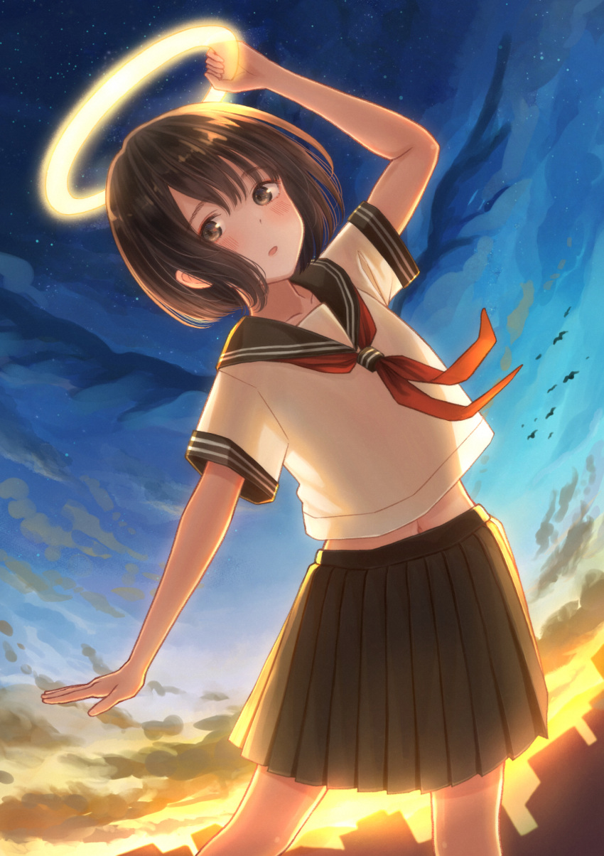 1girl arm_up bangs black_skirt blush bob_cut breasts brown_eyes brown_hair cityscape clouds cloudy_sky commentary cowboy_shot dusk dutch_angle fisheye halo highres holding holding_halo looking_at_viewer midriff navel neckerchief original outstretched_arm parted_lips pleated_skirt red_neckwear school_uniform see-through_silhouette serafuku shirt short_hair short_sleeves skirt sky small_breasts solo star_(sky) starry_sky tanbonota46 white_shirt
