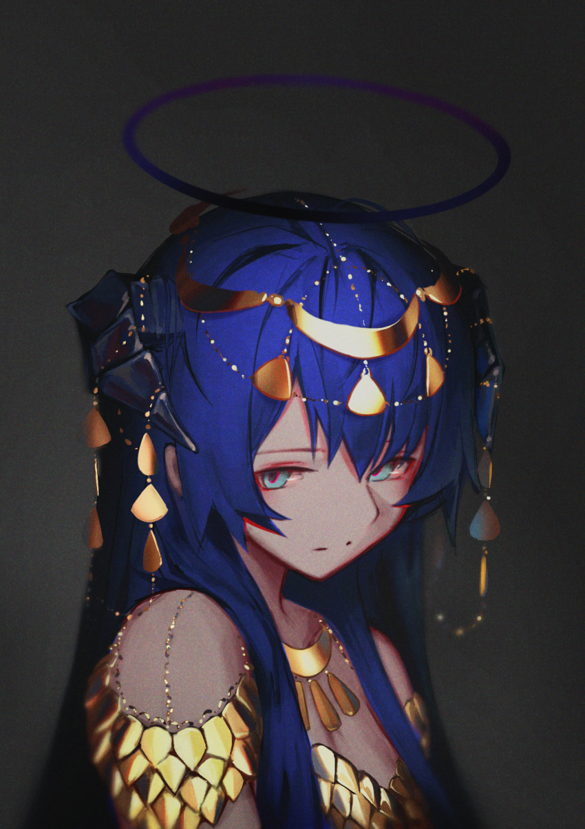 1girl :| arknights armor bangs bare_shoulders blue_eyes blue_hair closed_mouth coin_(ornament) gold_armor halo head_chain highres horn_ornament horns long_hair looking_at_viewer mostima_(arknights) solo upper_body veilrain