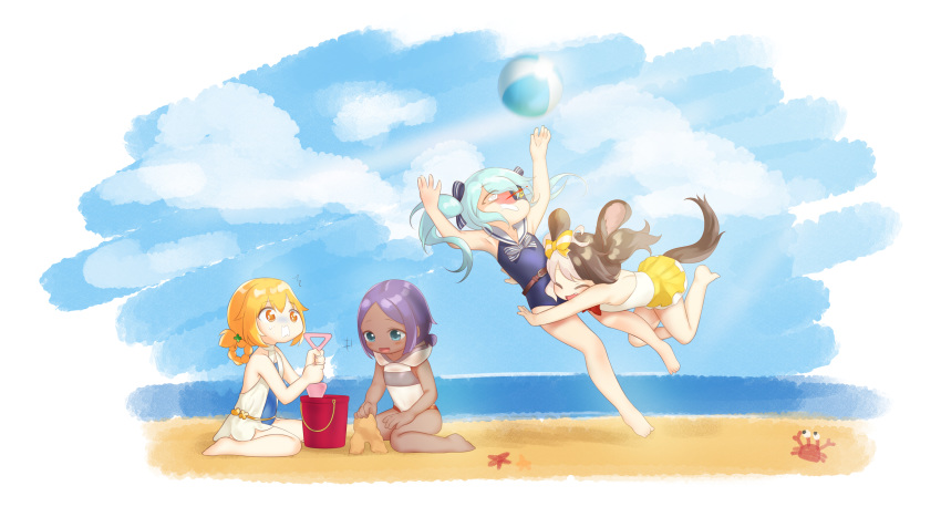 4girls @_@ absurdres animal_ears barefoot beach blonde_hair blush brown_hair bucket coco_mercury crab dark_skin dog_ears dog_girl dog_tail dutch_girl_(last_origin) eyepatch fang full_body hachiko_of_castling highres hug kbn317 last_origin light_blue_hair lrl multicolored_hair multiple_girls one-piece_swimsuit orange_eyes orange_hair purple_hair sand sand_castle sand_sculpture scared short_hair smile starfish surprised swimsuit tackle tail twintails two-tone_hair volleyball water wavy_mouth