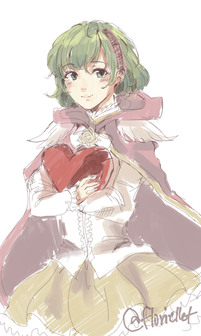 alternate_costume artist_name blush box cape cowboy_shot crossed_arms dress_shirt feather_trim fire_emblem fire_emblem:_the_blazing_blade floriellet green_eyes green_hair headband heart heart-shaped_box highres holding nino_(fire_emblem) purple_cape purple_headband shirt short_hair skirt smile white_shirt yellow_skirt