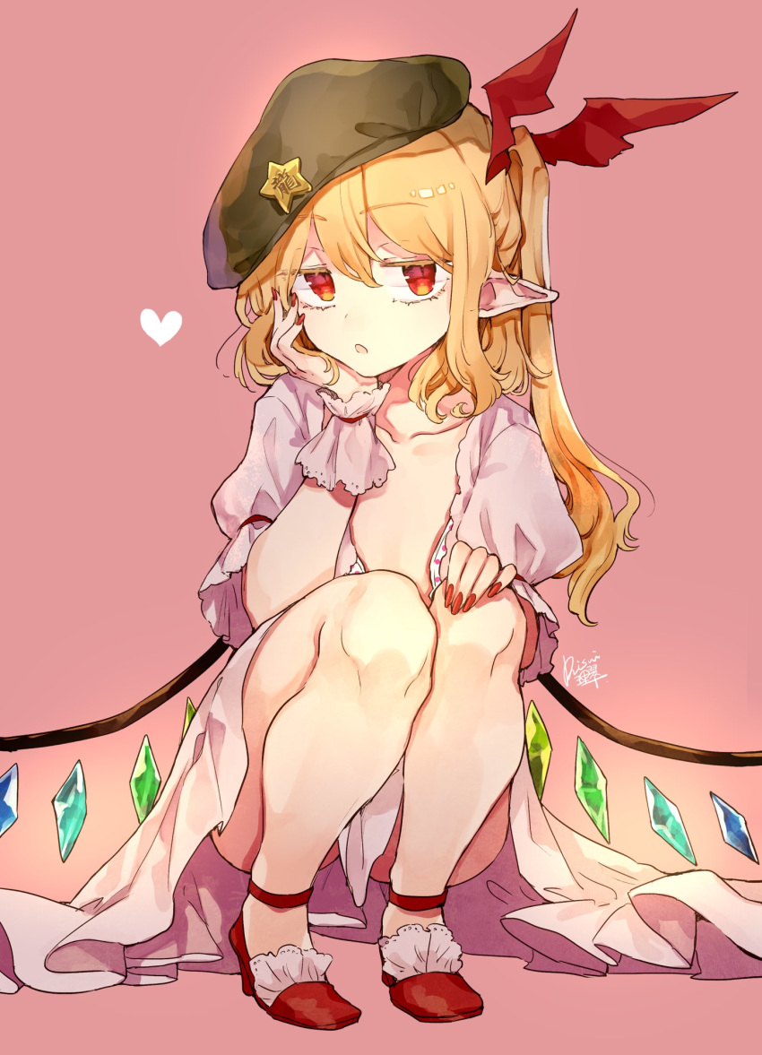 1girl :o artist_name bangs beret blonde_hair bra bra_peek cheek_rest chin_rest collarbone colored_eyelashes crystal dress eyebrows_visible_through_hair eyelashes flandre_scarlet flat_chest frilled_dress frilled_shoes frills full_body green_headwear hair_ribbon hand_on_own_cheek hand_on_own_chin hat heart highres jitome long_hair looking_at_viewer nail_polish open_bra pink_background polka_dot polka_dot_bra puffy_short_sleeves puffy_sleeves red_eyes red_footwear red_nails red_ribbon ribbon risui_(suzu_rks) shoes short_sleeves side_ponytail sidelocks signature solo squatting star_(symbol) touhou unbuttoned underwear white_dress wings wrist_cuffs