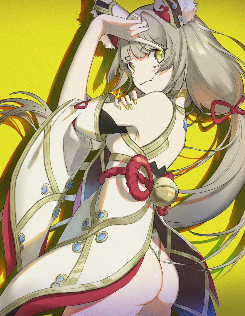 1girl absurdres animal_ear_fluff animal_ears ass bare_shoulders breasts cat_ears detached_sleeves fujie-yz grey_hair highres leotard long_hair long_sleeves looking_at_viewer looking_back low_twintails medium_breasts nia_(blade)_(xenoblade) nia_(xenoblade) smile solo spoilers twintails very_long_hair wide_sleeves xenoblade_chronicles_(series) xenoblade_chronicles_2 yellow_eyes yellow_nails