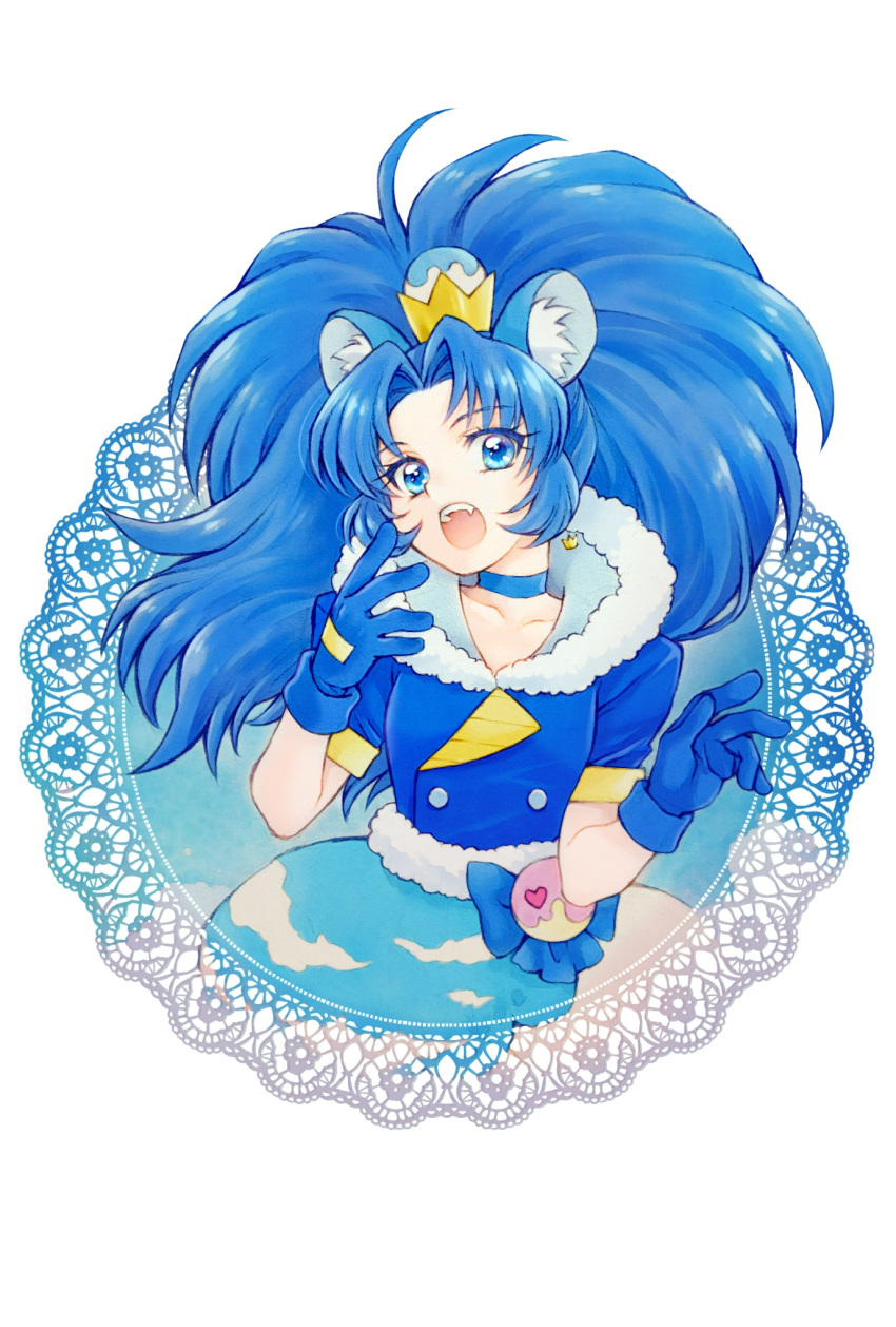 1girl aizen_(syoshiyuki) animal_ear_fluff blue_choker blue_coat blue_eyes blue_gloves blue_hair blue_skirt choker coat collarbone cure_gelato earrings eyebrows_visible_through_hair fang gloves hair_intakes highres jewelry kirakira_precure_a_la_mode lion_tail long_hair looking_at_viewer open_mouth precure shiny shiny_hair short_sleeves simple_background skirt solo tail tategami_aoi tied_hair very_long_hair white_background