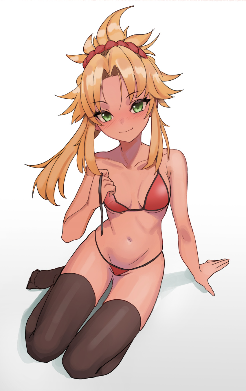 1girl absurdres bangs bare_shoulders bikini blush breasts closed_mouth collarbone fate/grand_order fate_(series) green_eyes hair_ornament hair_scrunchie highres kiritzuguart long_hair looking_at_viewer mordred_(fate)_(all) mordred_(swimsuit_rider)_(fate) navel parted_bangs ponytail red_bikini red_scrunchie scrunchie simple_background small_breasts smile swimsuit thigh-highs thighs white_background