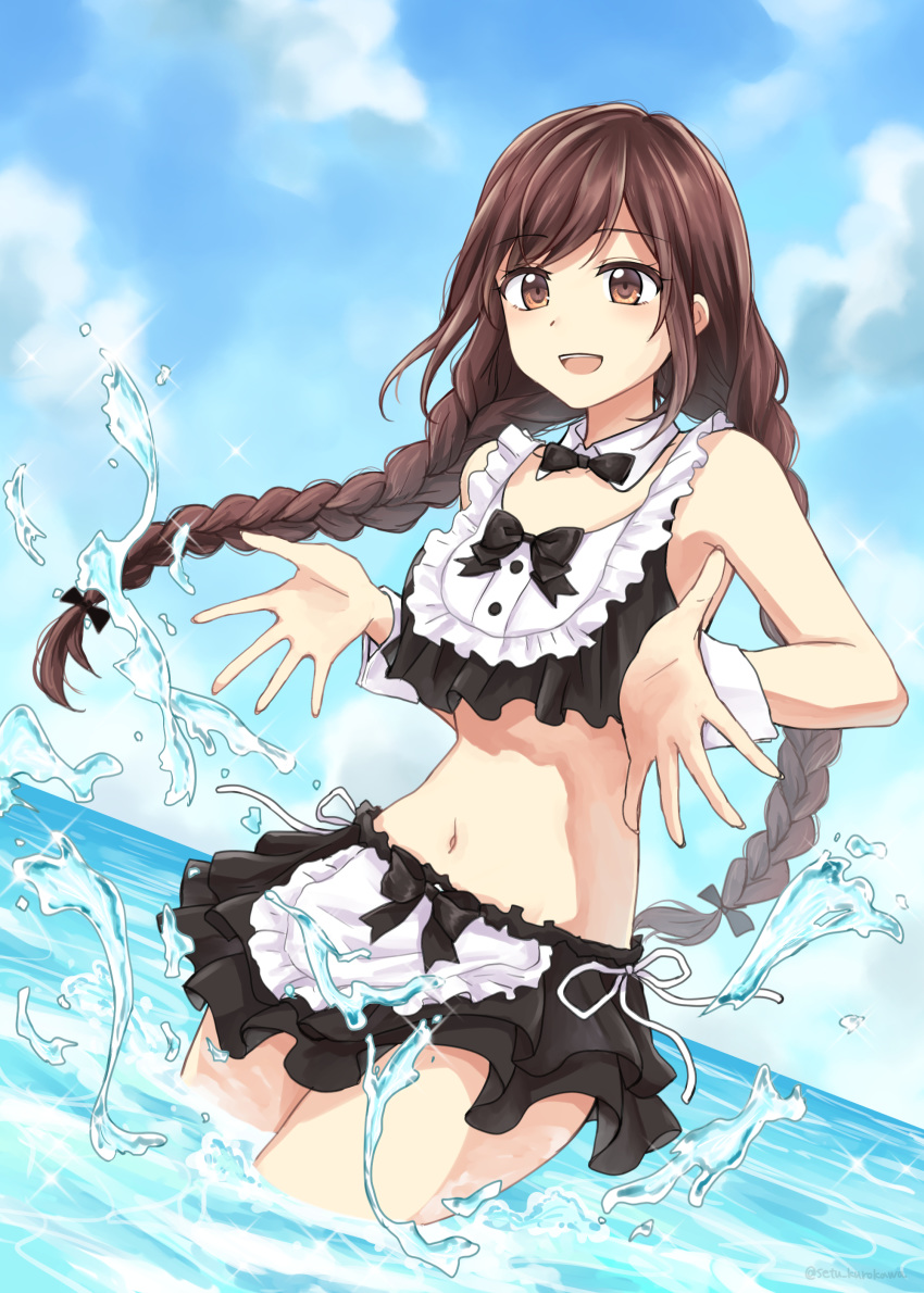 1girl absurdres bikini braid brown_eyes brown_hair day detached_collar dutch_angle highres maid_bikini navel ocean original outdoors setu_kurokawa solo splashing swimsuit twin_braids wading water wrist_cuffs