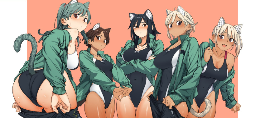 1girl 5girls animal_ear_fluff animal_ears ass ass_visible_through_thighs bangs bare_shoulders black_eyes black_hair blonde_hair blush breasts brown_eyes brown_hair cat_ears cat_girl cat_tail closed_mouth clothes_writing collarbone commentary_request competition_swimsuit covered_navel crossed_arms dark_skin eyebrows_visible_through_hair fingernails green_jacket groin highres jacket kr_ohoshisama large_breasts leaning_forward long_fingernails long_sleeves looking_at_viewer looking_back medium_breasts multiple_girls off_shoulder one-piece_swimsuit open_clothes open_jacket original own_hands_together parted_bangs ponytail red_background red_eyes short_hair side_ponytail sidelocks small_breasts stretch sweat swimsuit swimsuit_under_clothes tail tail_cutout thigh_gap thighs two-tone_background two-tone_swimsuit undressing
