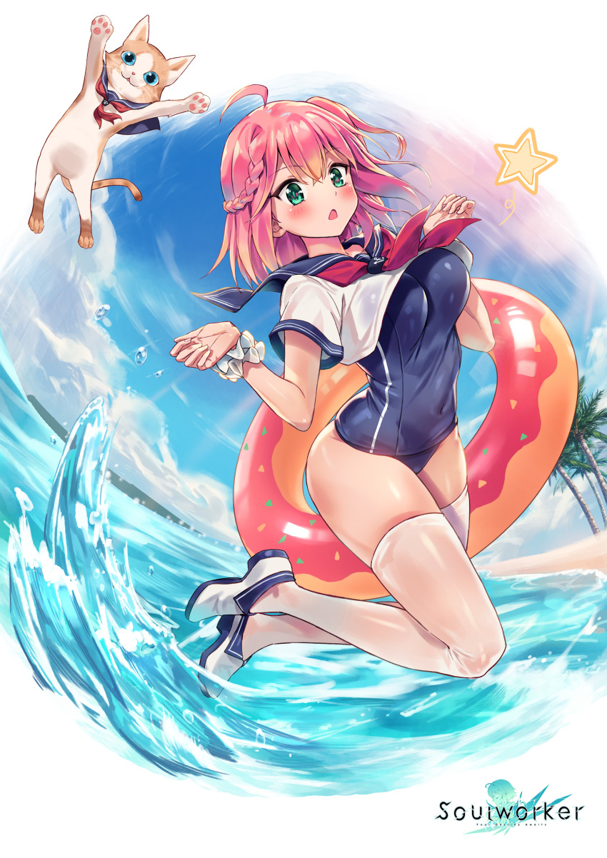 1girl absurdres ahoge animal aqua_eyes blue_sailor_collar blue_sky blue_swimsuit blush braid breasts cat chii_aruel clouds covered_navel crop_top crop_top_overhang french_braid full_body hands_up highres innertube large_breasts legs_up looking_at_viewer neckerchief official_art one-piece_swimsuit one_side_up open_mouth palm_tree pink_hair rainmaker red_neckwear sailor_collar sailor_shirt school_swimsuit scrunchie shirt shoes short_hair short_sleeves sky solo soul_worker star_(symbol) swimsuit thigh-highs thighs tree water watermark white_footwear white_legwear white_shirt wrist_scrunchie