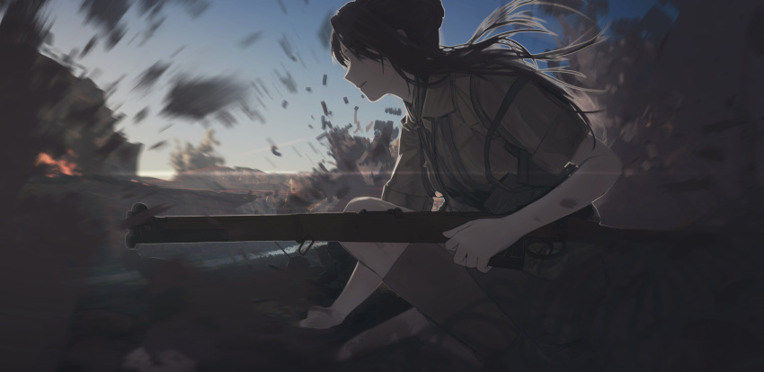 1girl absurdres action backlighting blurry bolt_action braid brown_hair dark depth_of_field explosion french_braid girls_frontline gun helmet highres hill kneehighs lanyard lee-enfield lee-enfield_(girls_frontline) long_hair military military_uniform motion_blur nurim open_mouth pouch rifle river running short_sleeves shorts sky soldier squatting uniform war weapon world_war_ii