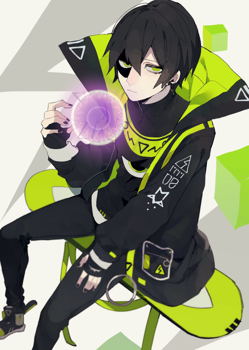 #compass 1boy black_gloves black_hair black_nails fingerless_gloves fingernails full_body gloves green_eyes highres hover_board jacket looking_at_viewer male_focus reiya_(compass) short_hair sitting skateboard solo turtleneck yusya11