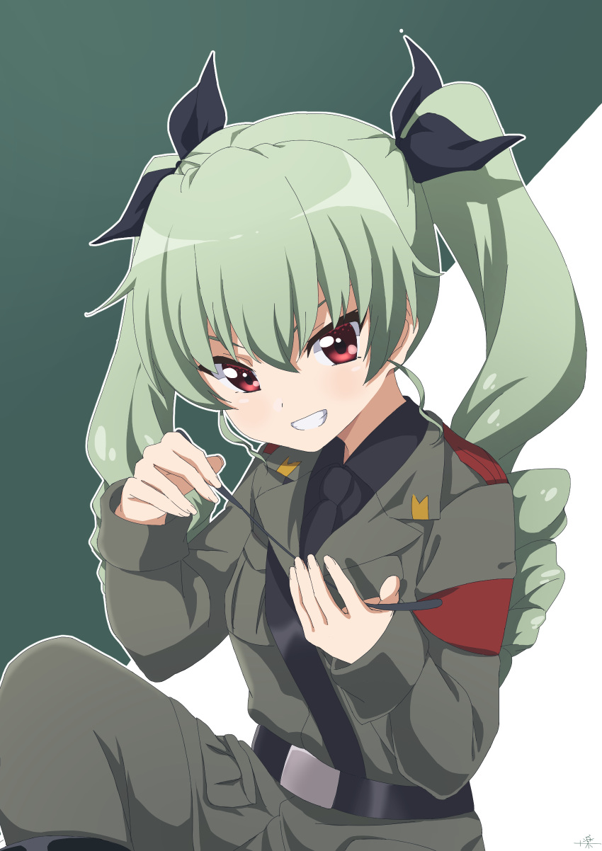 1girl absurdres anchovy_(girls_und_panzer) anzio_military_uniform belt bow commentary drill_hair girls_und_panzer green_hair grin hair_bow highres holding military military_uniform necktie raku_rakugaki red_eyes riding_crop simple_background smile solo twintails uniform