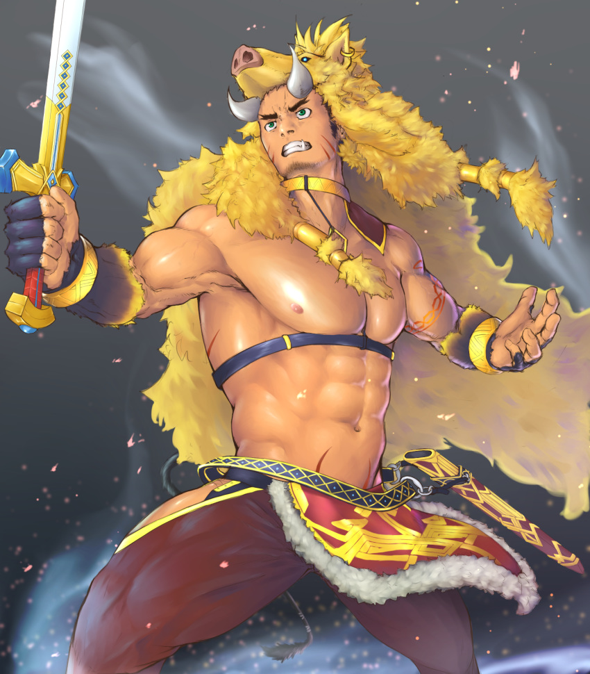 1boy abs animal_hood bara blue_eyes brown_hair bulge chest chest_harness collar facial_hair fang fighting_stance forked_eyebrows gullinbursti_(tokyo_houkago_summoners) harness hat highres hood ko_shushu male_focus manly muscle navel nipples pectorals revealing_clothes short_hair sideburns solo stubble sword thick_thighs thigh_cutout thighs tokyo_houkago_summoners weapon