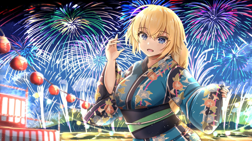 1girl bangs blonde_hair blue_eyes braid eyebrows_visible_through_hair fate/grand_order fate_(series) fireworks hair_between_eyes hand_up highres japanese_clothes jeanne_d'arc_(fate) jeanne_d'arc_(fate)_(all) kimono lantern long_hair looking_at_viewer multicolored multicolored_clothes nuts_(hazel-nuts) open_mouth outdoors sash smile solo upper_body