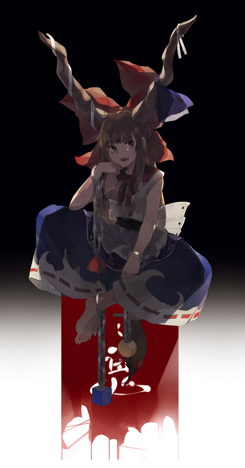 absurdly_long_hair absurdres barefoot belt black_background black_sash blue_skirt bow brown_eyes brown_hair brown_horns chain commentary_request cube cuffs full_body gradient gradient_background hair_bow highres horn_ornament horn_ribbon horns ibuki_suika knee_up large_bow long_hair long_toenails low-tied_long_hair multicolored multicolored_clothes multicolored_skirt neckerchief o_(crazyoton46) purple_ribbon pyramid_(geometry) red_bow red_neckwear red_ribbon ribbon ribbon-trimmed_skirt ribbon_trim sash shackles shirt sidelocks skirt sleeveless sleeveless_shirt slit_pupils sphere toenails touhou very_long_hair white_bow white_ribbon white_shirt white_skirt