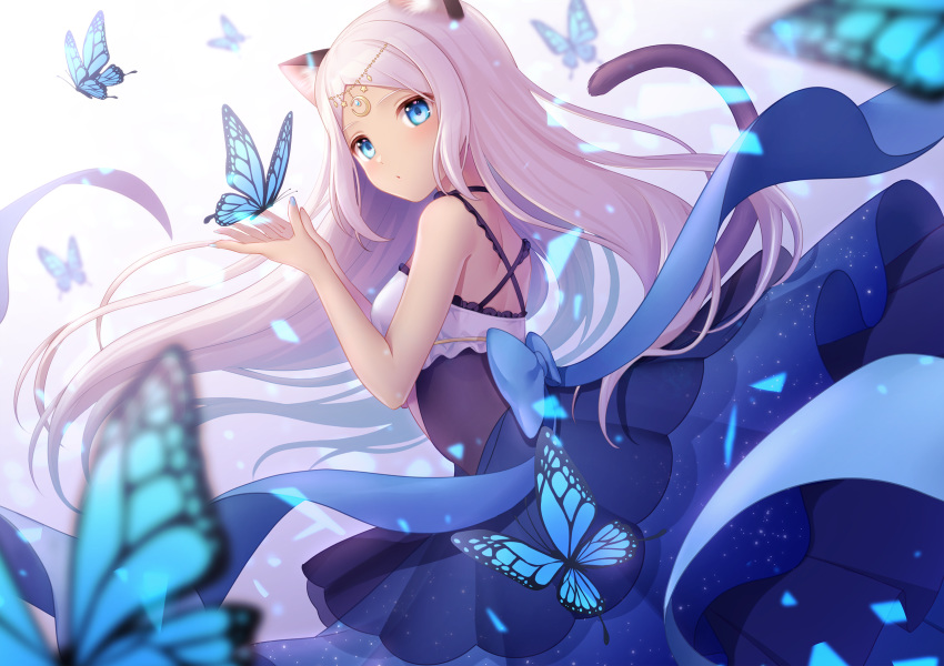 1girl :o animal animal_ears back_bow bare_arms bare_shoulders blue_bow blue_butterfly blue_eyes blue_nails blurry blush bow breasts bug butterfly cat_ears cat_girl cat_tail commentary_request cowboy_shot crescent cupping_hands depth_of_field dress forehead_jewel from_below from_side gem glowing head_chain highres hio_(hiohio0306) insect long_hair looking_back medium_breasts navel original sash see-through shards silver_hair sleeveless sleeveless_dress solo star_(symbol) tail very_long_hair white_background white_hair