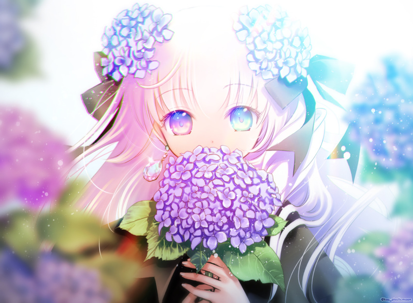 1girl bangs black_ribbon blue_eyes blue_flower blurry covered_mouth depth_of_field earrings eyebrows_visible_through_hair eyelashes fingernails flower gem hair_flower hair_flowing_over hair_ornament holding holding_flower hydrangea jewelry leaf light_particles long_hair looking_at_viewer original own_hands_together personification plastic_moon purple_flower ribbon solo upper_body violet_eyes white_background white_hair