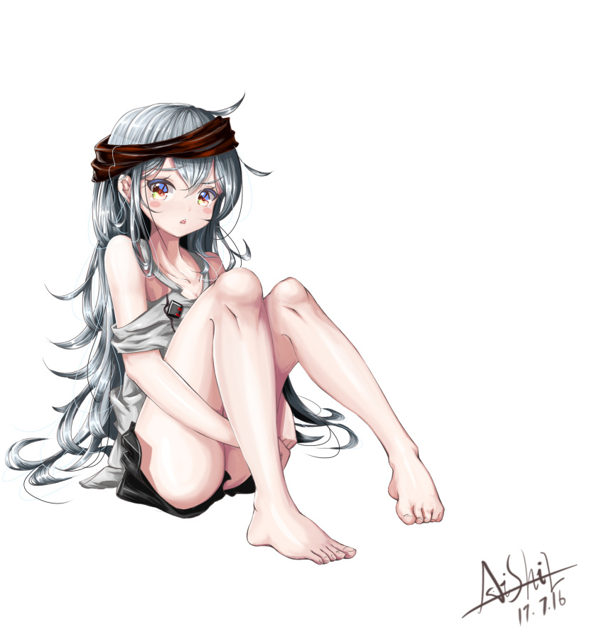 1girl asil bare_legs barefoot blue_hair blush brown_eyes collarbone eyebrows_visible_through_hair g11_(girls_frontline) girls_frontline grey_shirt hair_between_eyes highres legs long_hair looking_at_viewer open_mouth shirt shorts sitting sitting_on_floor solo thighs white_background