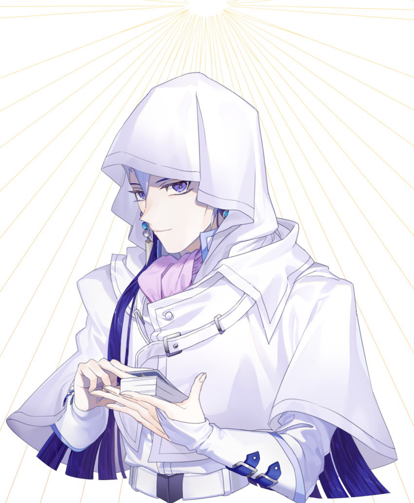 1boy bangs bridal_gauntlets cape capelet card earrings hair_between_eyes highres holding holding_card hood hood_up hooded_capelet jewelry long_sleeves male_focus maru-ji saiou_takuma silver_hair solo violet_eyes white_background white_cape yuu-gi-ou yuu-gi-ou_gx