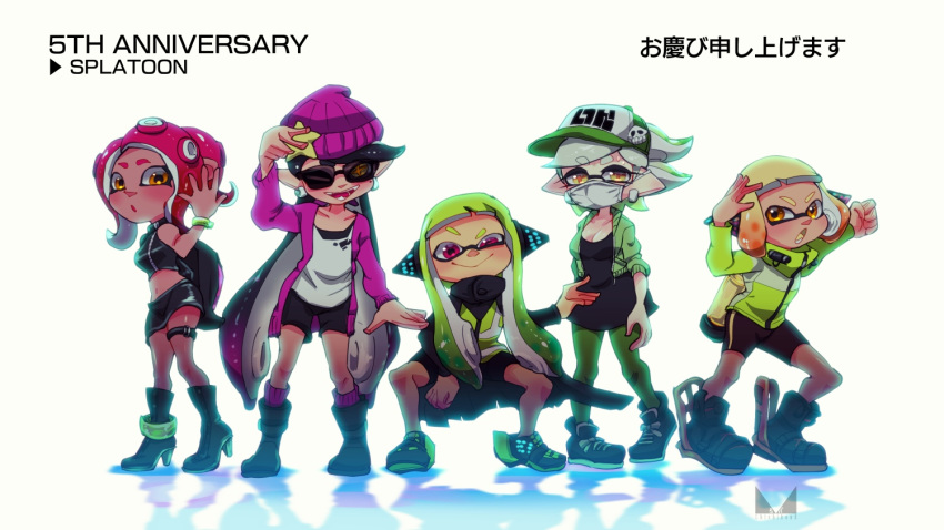 +_+ 5girls anniversary aori_(splatoon) arm_up artist_logo bangs baseball_cap beanie bike_shorts black-framed_eyewear black_cape black_footwear black_hair black_legwear black_shirt black_shorts black_skirt blonde_hair blunt_bangs boots bracelet brown_eyes cape chichi_band combat_boots commentary copyright_name crop_top domino_mask earrings english_text eyebrows_visible_through_hair gradient_hair green_hair green_headwear grey_hair half-closed_eye half-closed_eyes hat hat_ornament headgear high_heel_boots high_heels hotaru_(splatoon) ink_tank_(splatoon) inkling jacket jewelry long_hair long_sleeves makeup mascara mask midriff miniskirt mouth_mask multicolored_hair multiple_girls octoling open_clothes open_jacket orange_eyes orange_hair pantyhose pencil_skirt pointy_ears pose print_headwear purple_hair purple_headwear purple_jacket purple_legwear redhead reflection shirt shoes short_hair shorts single_vertical_stripe skirt sleeveless sleeveless_shirt smirk sneakers socks splatoon_(series) splatoon_1 splatoon_2 splatoon_2:_octo_expansion squatting star_(symbol) star_hat_ornament straight-laced_footwear suction_cups sunglasses sweatdrop swept_bangs tattered_cape tentacle_hair thigh_strap translated very_long_hair vest violet_eyes white_background white_shirt yellow_footwear yellow_jacket yellow_vest
