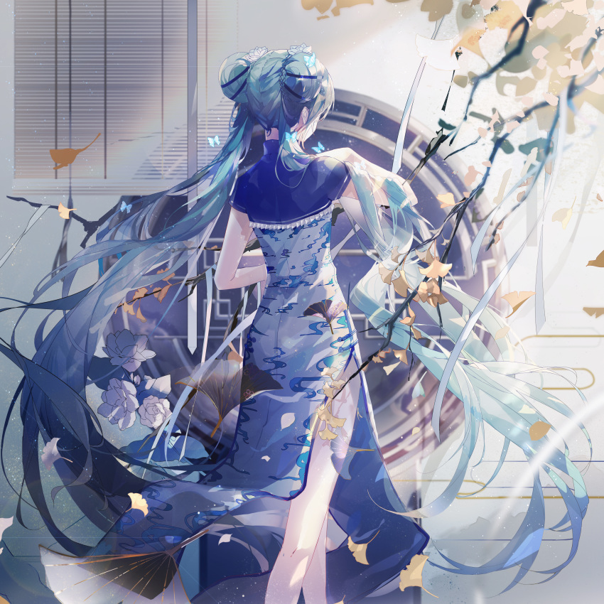 1girl absurdres aqua_hair bare_legs china_dress chinese_clothes dress flower from_behind hair_flower hair_ornament hand_up hatsune_miku highres long_hair mamenomoto plant short_sleeves sleeves solo standing twintails very_long_hair vocaloid