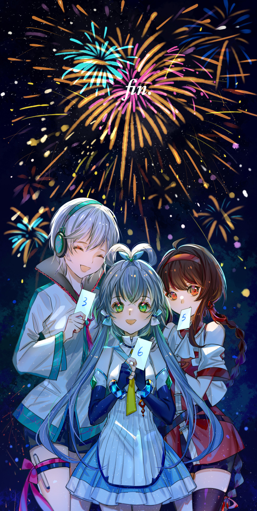 3girls absurdres backlighting bare_shoulders bike_shorts blue_skirt blue_sleeves brown_eyes brown_hair closed_eyes commentary cowboy_shot detached_sleeves dress fireworks green_eyes grey_hair hair_rings hairband hand_on_another's_shoulder headphones highres holding holding_paper jacket jamjar77 long_hair luo_tianyi medium_hair mouth_hold multiple_girls night night_sky open_mouth paper red_skirt shirt short_hair skirt sky smile standing star_(sky) starry_sky thigh-highs thigh_strap vocaloid vsinger white_dress white_hair white_jacket white_shirt yanhe yuezheng_ling zettai_ryouiki