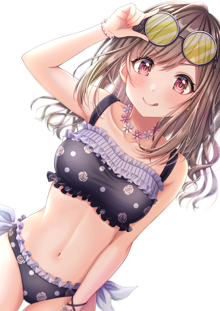 1girl :p bangs bikini black_bikini black_swimsuit blush bracelet breasts brown_hair collarbone eyebrows_visible_through_hair eyewear_on_head floral_print flower flower_necklace frills highres hiiragi_kei idolmaster idolmaster_shiny_colors jewelry long_hair medium_breasts navel necklace red_eyes side-tie_bikini simple_background sleeveless solo sunglasses swimsuit tongue tongue_out tsukioka_kogane white_background