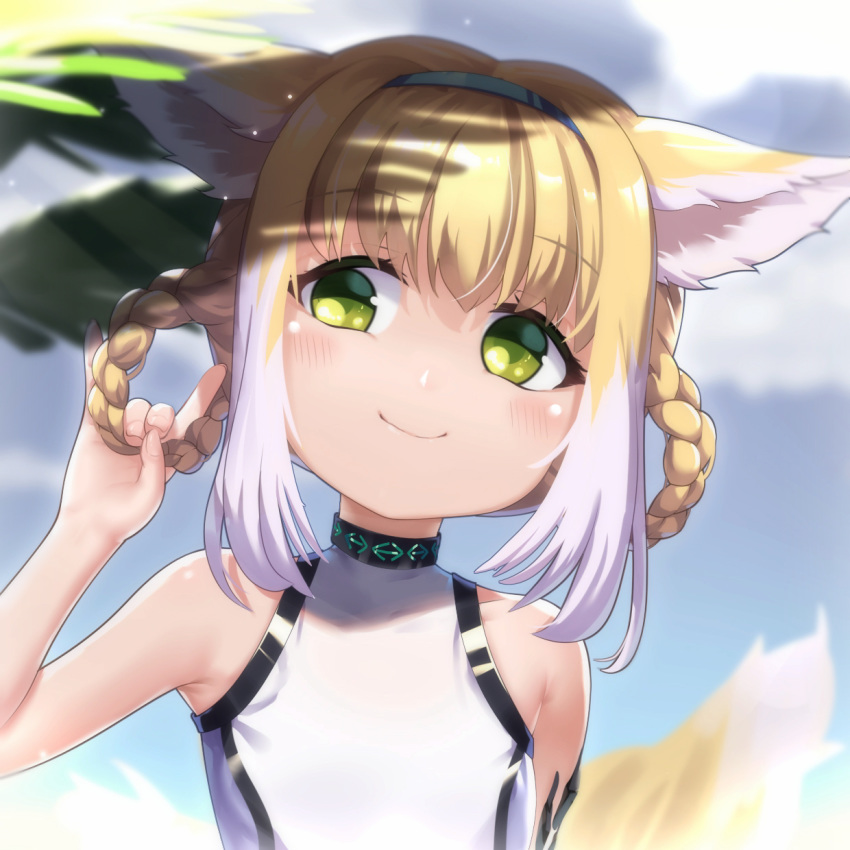 1girl \n/ animal_ears arknights bangs bare_arms bare_shoulders blonde_hair blue_hairband blurry blurry_background blush braid closed_mouth commentary day depth_of_field eyebrows_visible_through_hair green_eyes hair_between_eyes hair_rings hairband hand_up head_tilt highres holding holding_hair leotard looking_away looking_to_the_side multicolored_hair outdoors revision smile solo suzuran_(arknights) symbol_commentary tail tail_raised too-ye twin_braids two-tone_hair upper_body white_hair white_leotard