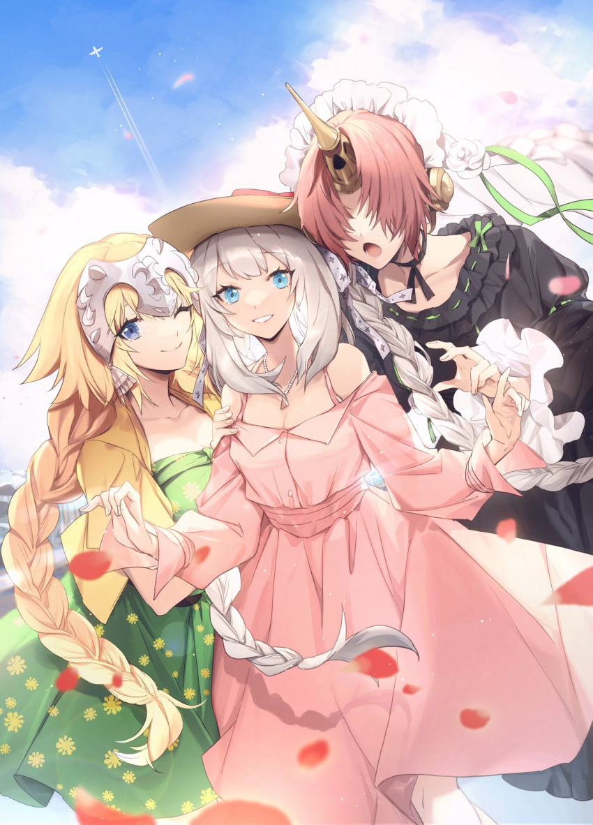 3girls aircraft airplane black_dress blonde_hair blue_eyes blue_sky braid breasts closed_mouth clouds collarbone commentary_request covered_eyes day dress eyebrows_visible_through_hair fate/grand_order fate_(series) floral_print flower frankenstein's_monster_(fate) frilled_dress frills green_dress green_ribbon hair_between_eyes hair_over_eyes hat headpiece highres horns jacket jeanne_d'arc_(fate) jeanne_d'arc_(fate)_(all) jewelry long_hair long_sleeves looking_at_viewer marie_antoinette_(fate/grand_order) mechanical_horn multiple_girls neck_ribbon necklace no-kan one_eye_closed open_clothes open_mouth outdoors pearl_necklace petals pink_dress pink_hair ribbon short_hair single_braid single_horn sky smile sun_hat teeth twin_braids under_the_same_sky veil very_long_hair yellow_jacket