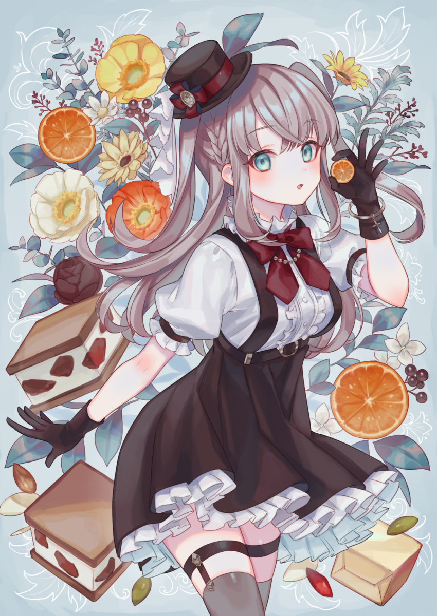 1girl :o bangs black_gloves black_headwear black_skirt blue_background blush bow braid breasts brown_hair center_frills commentary_request eyebrows_visible_through_hair flower food frilled_skirt frills fruit gloves green_eyes grey_legwear hand_up hat highres holding holding_food long_hair looking_at_viewer medium_breasts mini_hat orange orange_slice original parted_lips pleated_skirt puffy_short_sleeves puffy_sleeves red_bow red_flower shirt short_sleeves skirt solo suspender_skirt suspenders thigh-highs tilted_headwear two_side_up white_flower white_shirt yellow_flower zoff_(daria)