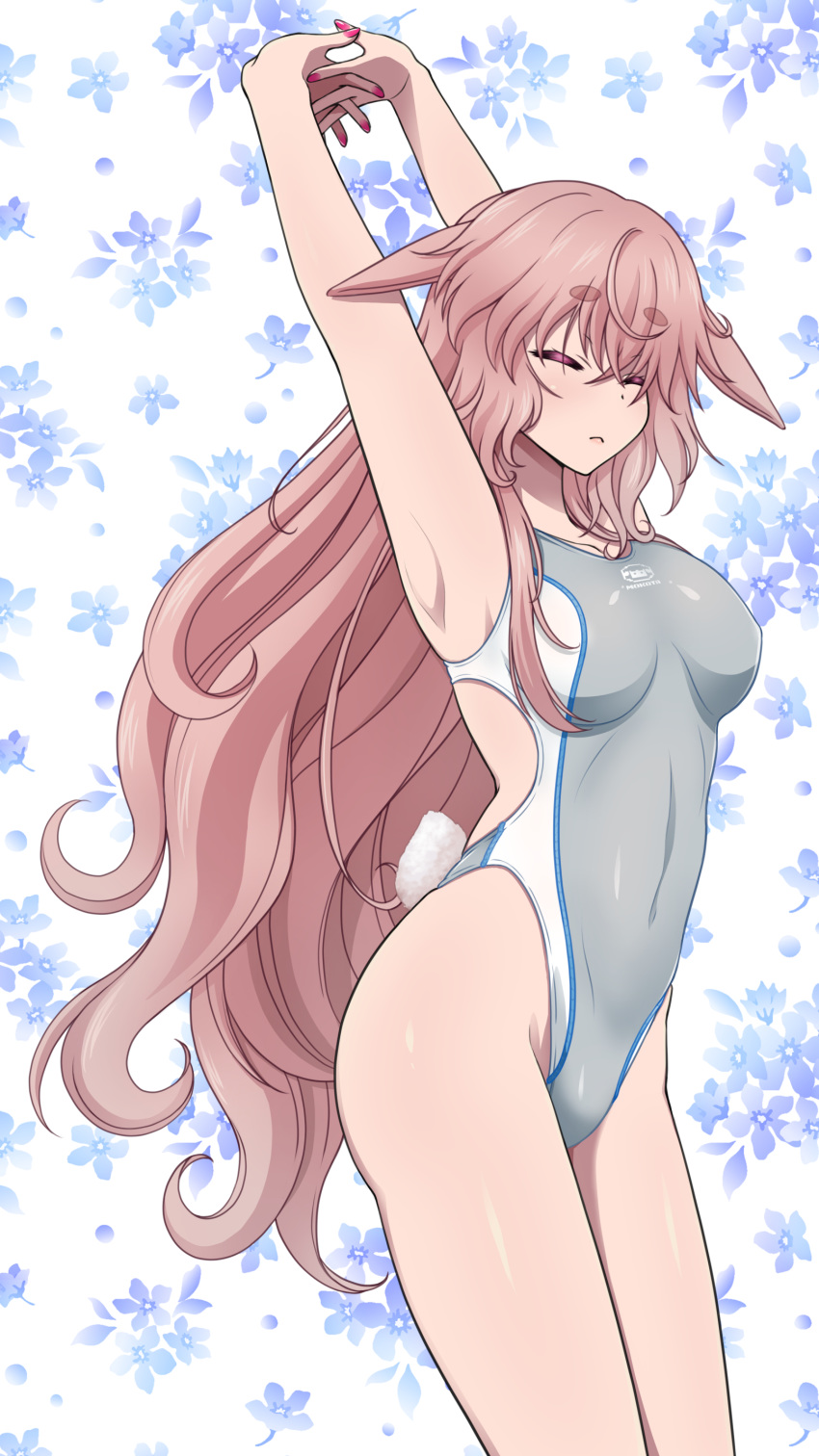 .live 1girl absurdres animal_ears blue_background brown_hair closed_eyes commentary_request competition_swimsuit cowboy_shot floral_background grey_swimsuit highleg highleg_swimsuit highres long_hair memekichi mokota_mememe nail_polish one-piece_swimsuit sheep_ears sheep_tail short_eyebrows solo stretch swimsuit tail thick_eyebrows virtual_youtuber