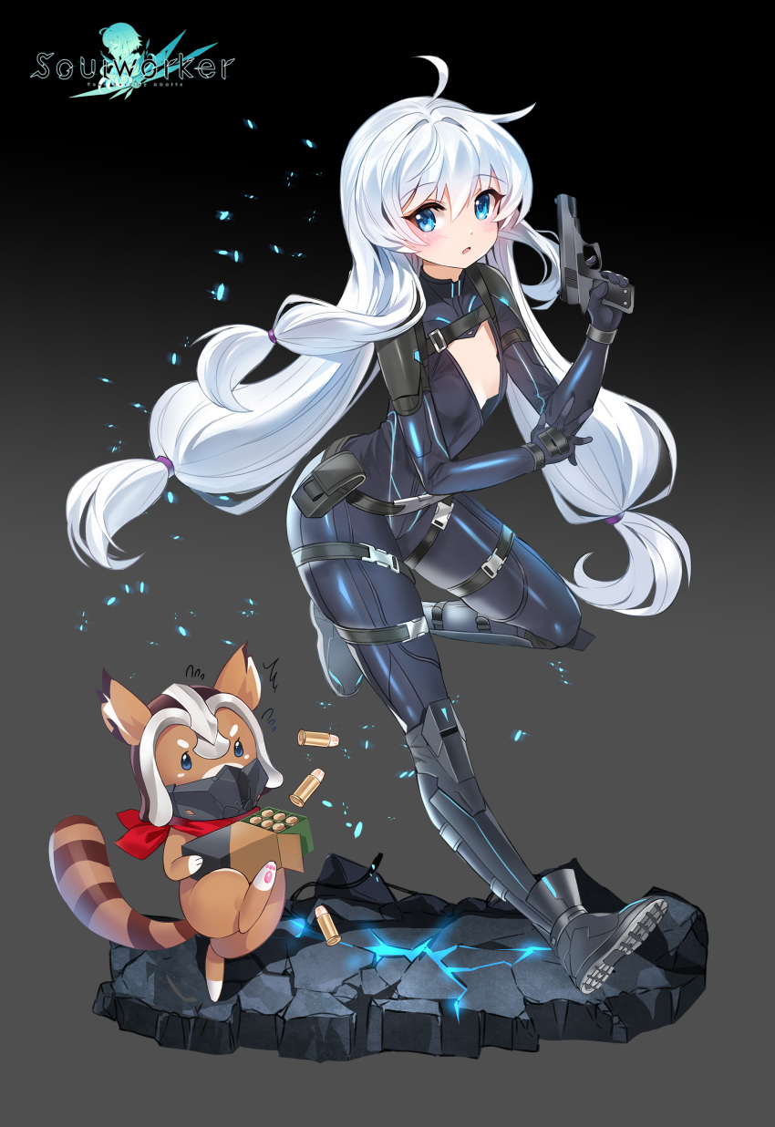 1girl absurdres ahoge animal armor armored_boots artist_request belt_pouch blue_eyes boots breasts bullet catsuit full_body gun handgun highres holding holding_gun holding_weapon leg_up long_hair looking_at_viewer low_twintails multiple_straps no_bra official_art open_clothes parted_lips partially_unzipped pistol pouch raccoon shoulder_armor small_breasts solo soul_worker stella_unibell twintails very_long_hair weapon white_hair