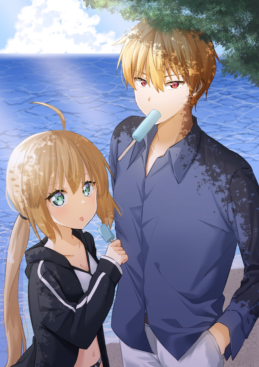 1boy 1girl ahoge aro_1801 artoria_pendragon_(all) bangs bikini black_jacket blonde_hair blue_shirt blue_sky child collarbone collared_shirt commentary_request day fate/grand_order fate_(series) food gilgamesh green_eyes hair_tie highres holding hood hooded_jacket jacket long_hair looking_at_viewer mouth_hold navel ocean open_clothes open_jacket outdoors pants ponytail popsicle red_eyes saber_alter shirt short_hair sky stomach swimsuit tongue tongue_out white_bikini white_pants wing_collar