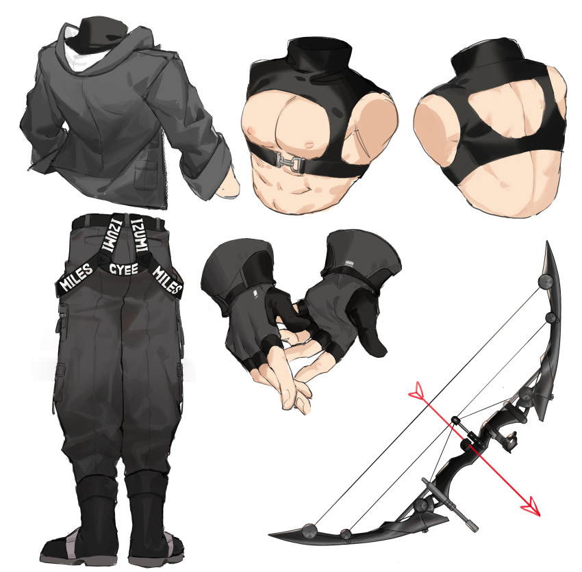 1boy abs absurdres alternate_costume arrow_(projectile) bara belt bird bow_(weapon) chest chest_harness costume_chart eagle eddie_(gyee) equipment_layout fingerless_gloves full_body gloves gondom gyee hands harness highres jacket male_focus muscle navel nipples pants pectorals shirtless shoes short_hair torso weapon weapon_on_back white_background