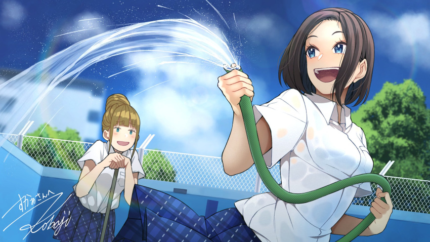 2girls :d black_hair blonde_hair blue_eyes blurry day depth_of_field hair_bun highres hose kobaji multiple_girls open_mouth original outdoors pool rainbow school_uniform see-through short_hair smile teeth water