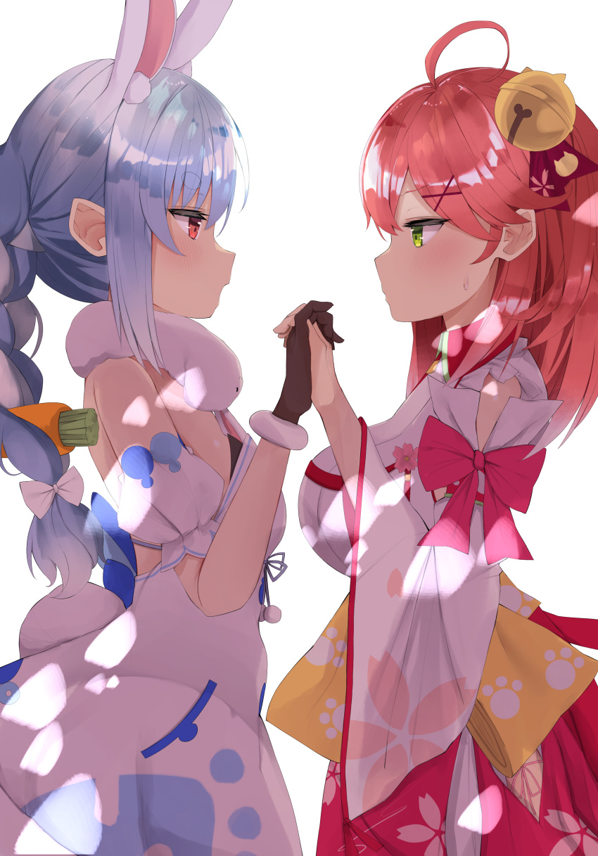 2girls absurdres animal_ears bangs bare_shoulders bell blue_hair blush braid breasts carrot carrot_hair_ornament detached_sleeves dress eureka_814 eyebrows_visible_through_hair facing_another floral_print food_themed_hair_ornament fur_trim gloves green_eyes hair_bell hair_ornament highres holding_hands hololive japanese_clothes kimono large_breasts long_hair looking_at_another miko multicolored_hair multiple_girls pink_hair pink_ribbon rabbit_ears red_eyes ribbon sakura_miko sash small_breasts thick_eyebrows usada_pekora white_background white_dress white_hair