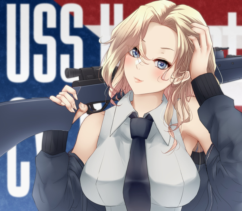 1girl american_flag_background background_text bangs black_neckwear blonde_hair blue_eyes blue_jacket blush bomber_jacket breasts character_name grey_shirt gun hand_in_hair highres holding holding_gun holding_weapon hornet_(kantai_collection) jacket kantai_collection large_breasts lips long_hair m1903_springfield necktie nuka_(nvkka) over_shoulder shirt sleeveless sleeveless_shirt solo upper_body weapon weapon_over_shoulder