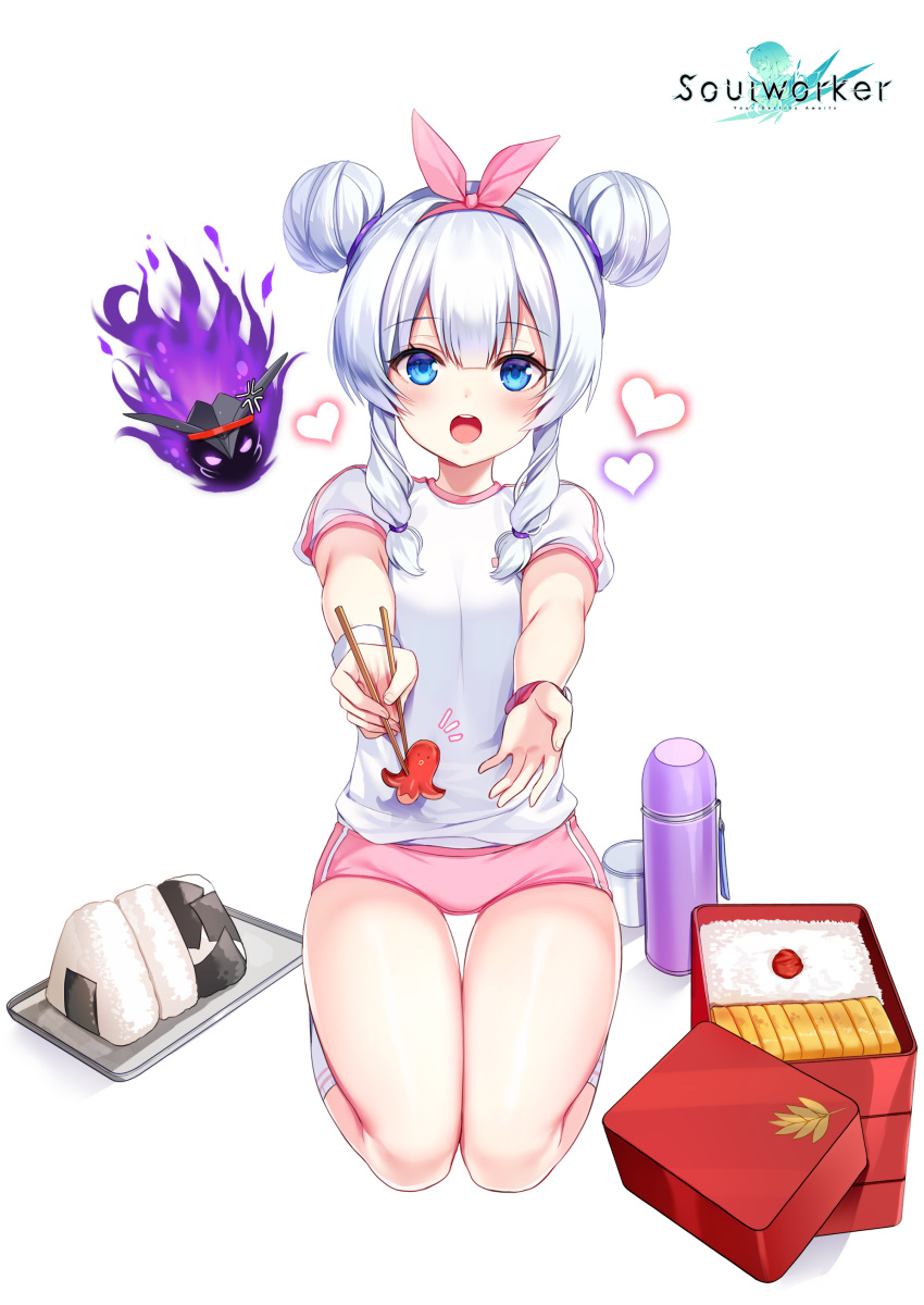 1girl :o absurdres blue_eyes bottle buruma chopsticks double_bun food full_body gym_uniform hairband highres hitodama holding long_hair looking_at_viewer maett mask obentou official_art onigiri open_mouth outstretched_arms pink_buruma seiza shirt short_sleeves sitting socks solo soul_worker stella_unibell thighs tray white_background white_hair white_legwear white_shirt