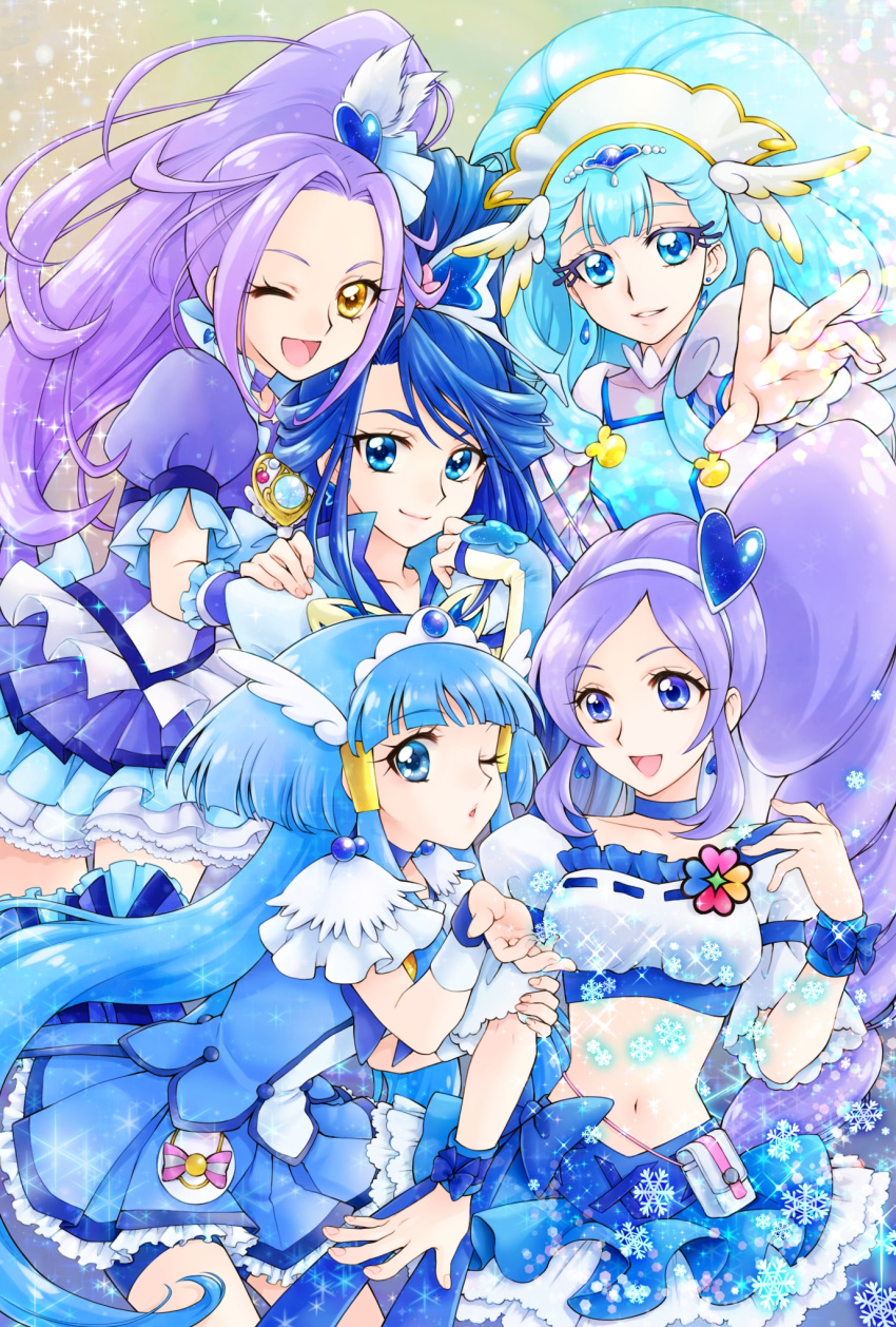 5girls :d ;d aizen_(syoshiyuki) aoki_reika bangs bike_shorts blue_choker blue_dress blue_eyes blue_hair blue_shorts blue_skirt breasts choker collarbone crop_top cure_ange cure_aqua cure_beat cure_beauty cure_berry dress earrings eyebrows_visible_through_hair fresh_precure! frilled_skirt frills hair_ornament hair_tubes hairband heart heart_hair_ornament high_ponytail highres hugtto!_precure jewelry layered_dress long_hair looking_at_viewer medium_breasts midriff miniskirt multicolored multicolored_clothes multicolored_dress multiple_girls navel one_eye_closed open_mouth outstretched_arm pleated_dress pleated_skirt precure purple_choker purple_dress purple_hair reaching_out see-through shiny shiny_hair short_shorts short_sleeves shorts shorts_under_skirt side_ponytail skirt smile smile_precure! stomach suite_precure swept_bangs very_long_hair white_dress white_hairband yellow_eyes yes!_precure_5