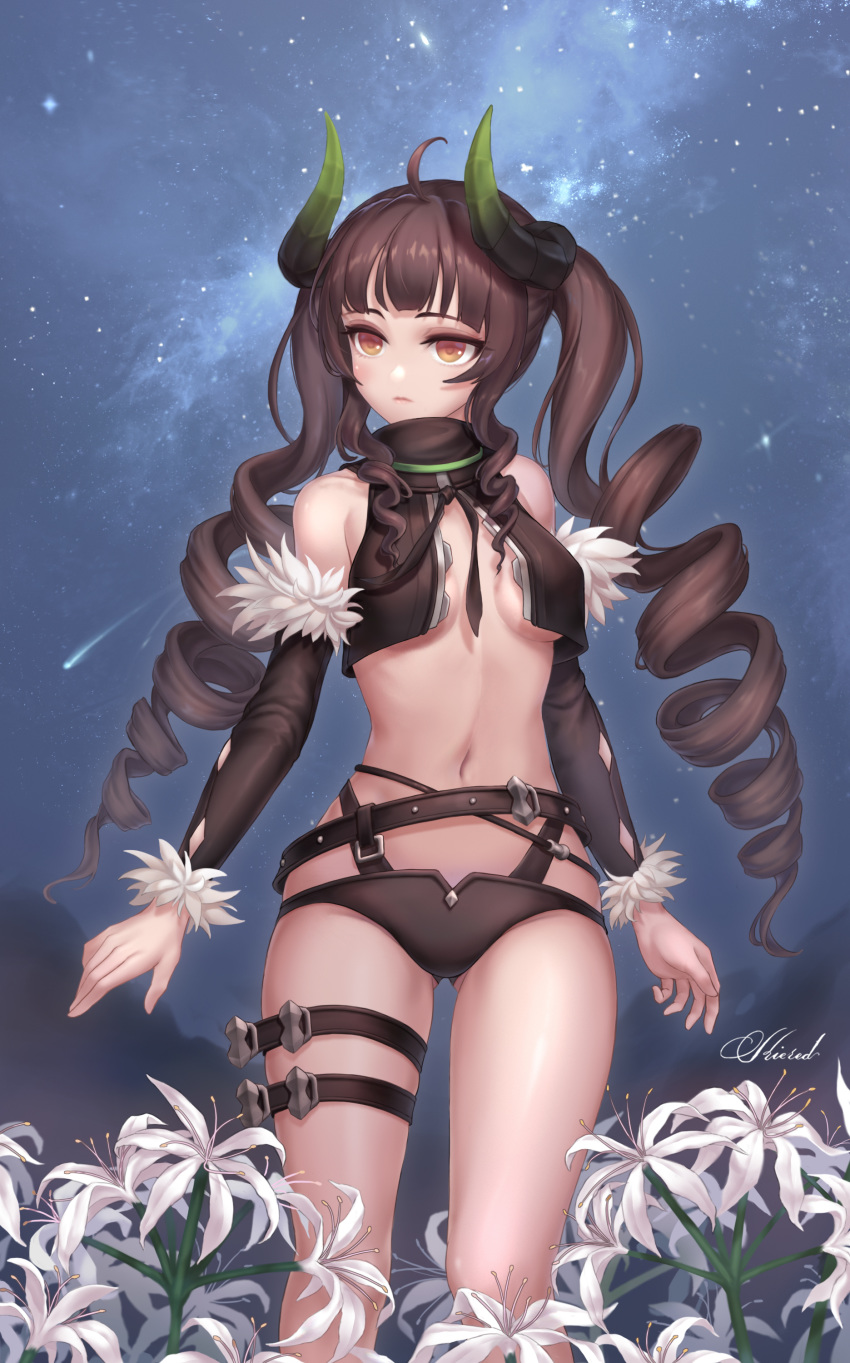 1girl absurdres ahoge bare_shoulders belt black_panties black_shirt breasts brown_hair comet crop_top curled_horns demon_horns detached_sleeves drill_hair expressionless flower fur_trim high_collar highres horns kie_(wylee2212) lily_(flower) lily_bloomerchen long_hair long_sleeves looking_away medium_breasts midriff milky_way navel night night_sky no_bra open_clothes open_shirt orange_eyes outdoors panties revealing_clothes shirt sky solo soul_worker standing star_(sky) stomach thigh_strap thighs twin_drills twintails underwear very_long_hair white_flower
